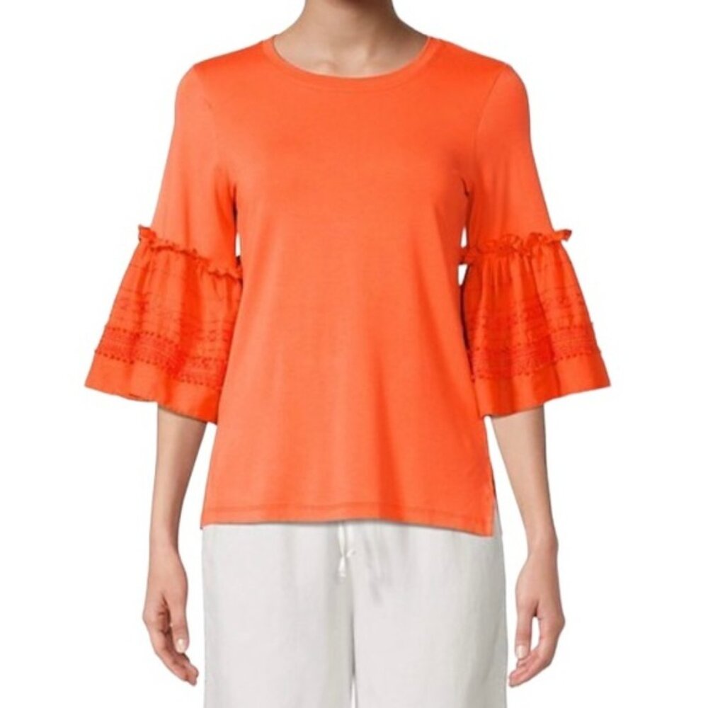KOBI HALPERIN Embroidered Ruffle Flutter Bell Sleeve Jersey Top Blouse Tangerine